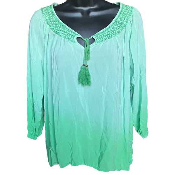 One World Boho Green Ombré Pullover Blouse Size Petite L - Picture 1 of 7